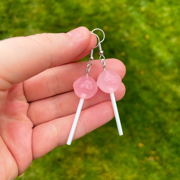 Hand Crafted Jewelry - Bubblegum Pink Resin Lollipop Dumdum Earrings with Silver Accents